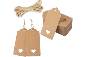 joycraft 100Pcs Kraft Hollowed-Out Heart Gift Tags, Blank Paper with String Hangtags, Personalized Gift Wrapping Tags for Wed