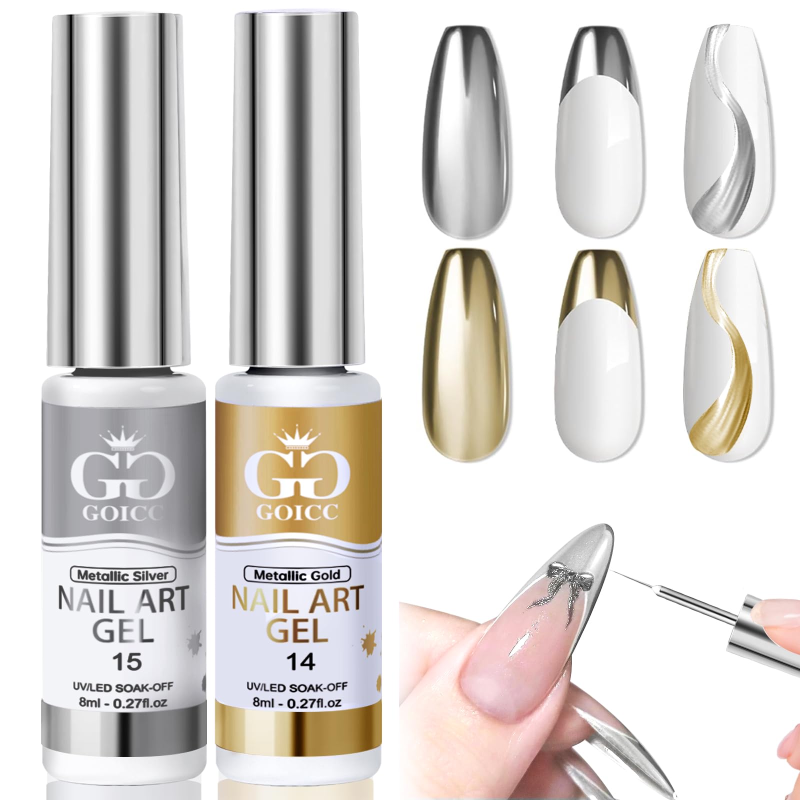 Photo 1 of Metallic Gel Nail Polish Gold Gel Liner For Nail Art 2 Colors Chrome Gold And Silver Nail Polish 8ml 3D Mirror Chrome Effect Painting Gel with Thin Brush French Nail Design Curing Requires (Metallic)
