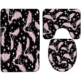 NYCCSM Spooky Halloween Bathroom Rug Set 3 Piece,Gothic Horror Halloween Pink and Black Bats Meditation Soft Memory Foam Bath Mat Set,18