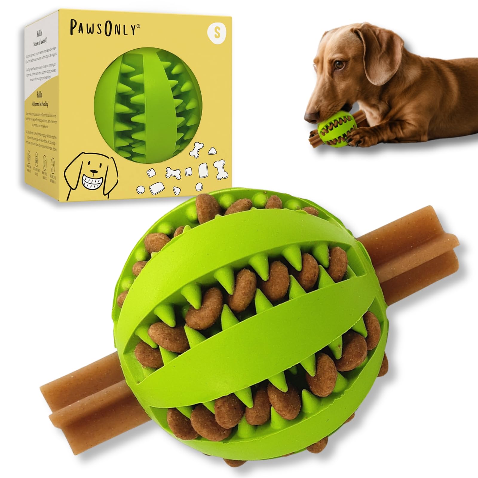 PawsOnly | Dog Treat Ball Dispenser | Interactive Toy for Boredom | Enrichment & Mental Stimulation | Safe Rubber Feeder | Puppy Challenging Activity (Small 6cm/2.35in, GREEN, 1 Pack)
