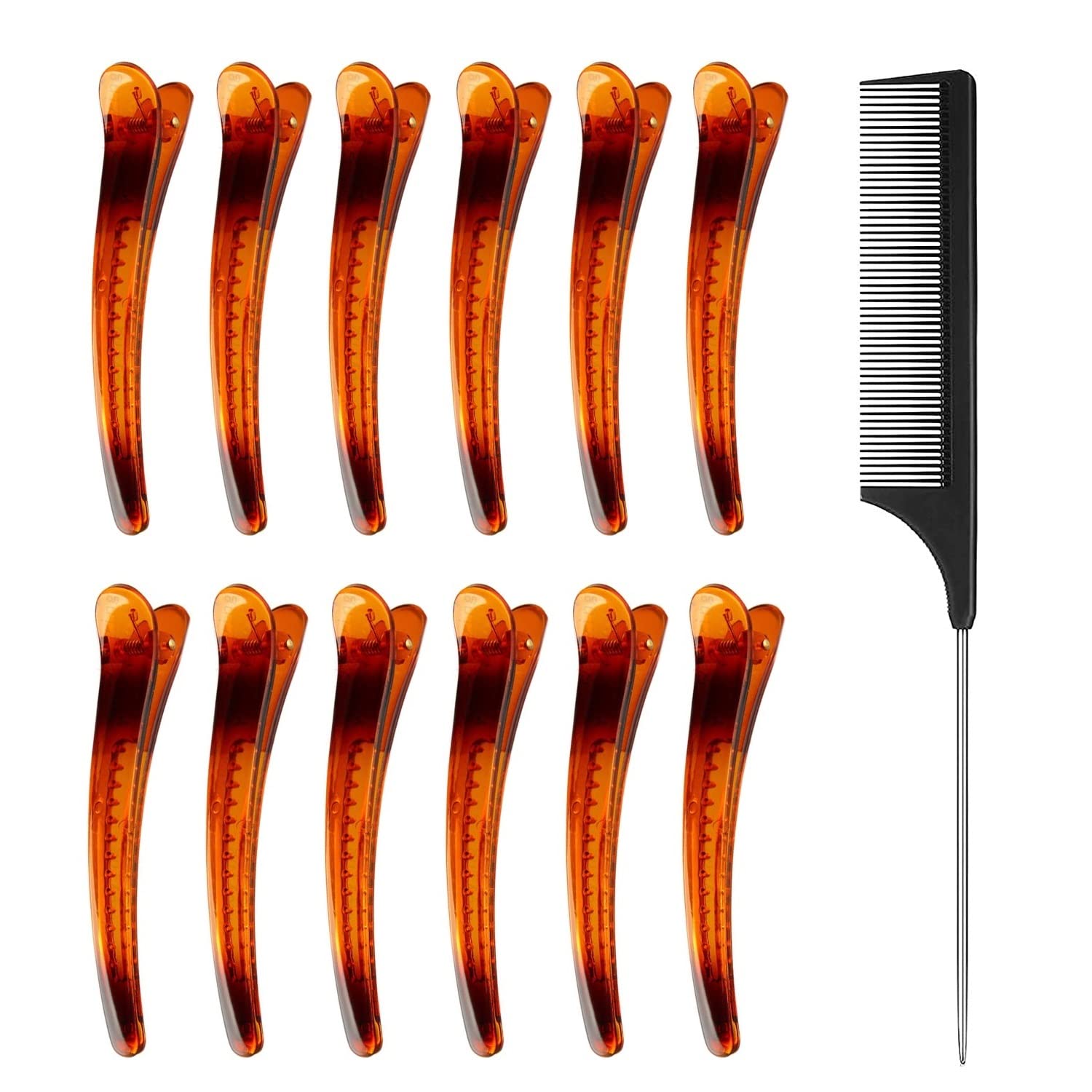 12pcs Sectioning Clips + 1pcs Antistatic Tail Comb, Multicolor Professional Hair Clamp Grips for Women Girls Hairdressing Styling Salon Tool (Brown Color)