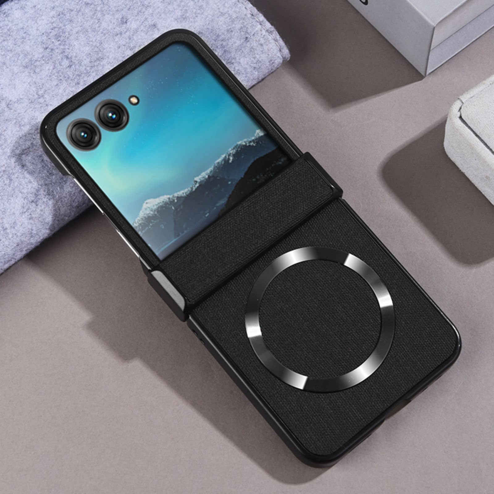 Hülle Case for Razr5 Cover + Wireless Charging + Hinge,Texture Leather Shell Slim Bumper Shield for Motorola Razr 50 Ultra(5)