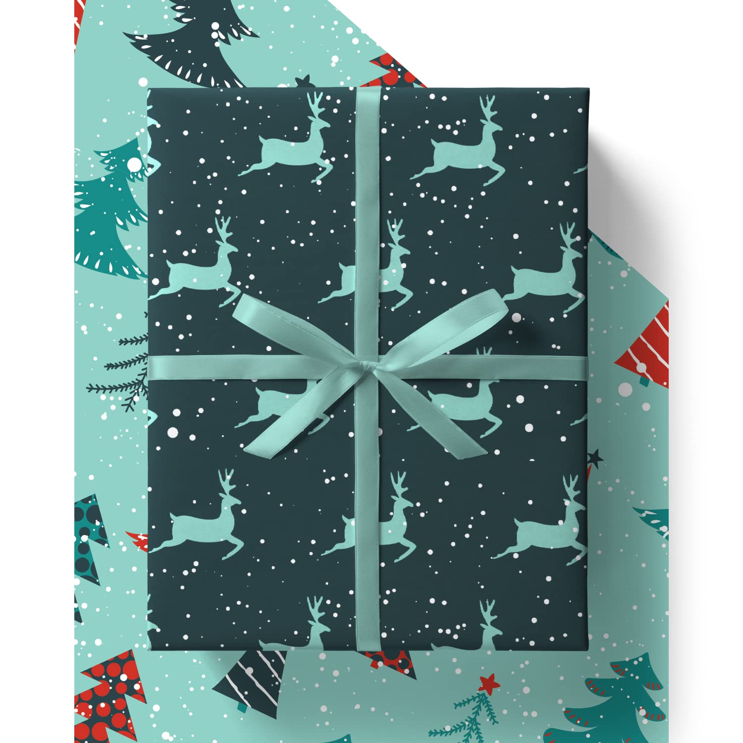 EcoWrap Christmas Wrapping Paper and Tags - Eco Friendly Premium Recyclable 84cm x 60cm Reindeer & Xmas Tree Gift Wrap in Plastic Free Packaging (8 Sheets & 8 Tags, Reindeer & Christmas Tree)