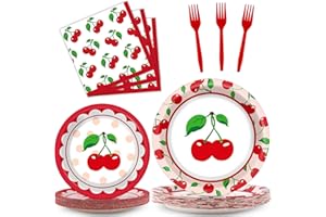 OBUSATT 100 Pcs Cherry Fruit Party Supplies Tableware Set Summer Tropical Picnics Dinnerware Set Disposable Paper Plates Napkins for Baby Shower Birthday Party Decoration for 25 Guests
