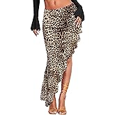 AGECODE Women's High Waisted Asymmetrical Ruched Mesh Flowy Ruffle Trim Midi Long Skirt