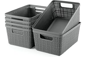 EOENVIVS Plastic Storage Bins 6 Packs, Storage Baskets For Organizing, Woven Design Storage Organizer Bins For Pantry Shelves Drawers Desktop Closet Playroom Classroom Office, Grey