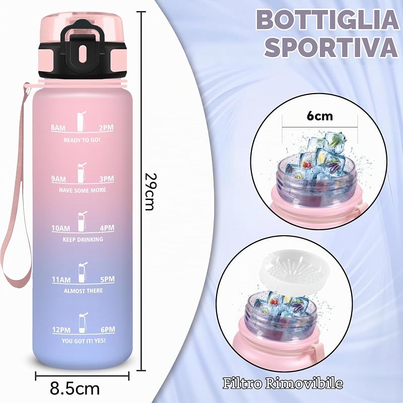 Borraccia 1 litro, Borraccia Palestra, Borraccie Senza Perdite, Facile da Pulire, Borraccie Motivazionale, Bottiglia Con Orari Per Bere, Facile da Trasportare, per Campeggio, Fitness, Scuola, Viaggio
