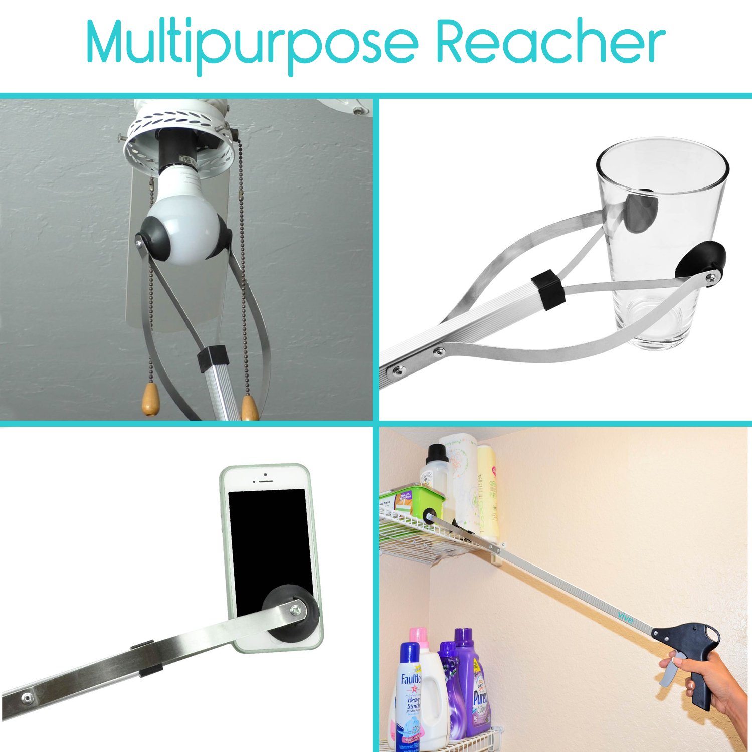 Vive Suction Cup Reacher Grabber - 32" Heavy Duty Mobility Grip Hand Aid - Handle Tool Light Bulb Remover, iPad Pickup, Long Handled Trash Litter Picker, Garbage Garden Nabber Extender - Handicap Arm