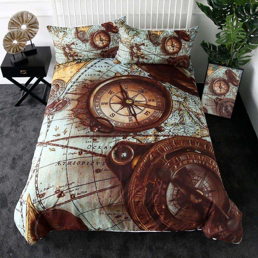 Nautical Decor Bedding Set Double Size Compass Duvet Cover Ocean Theme Bedding Duvet Cover Retro Exotic Style Soft Comforter Cover Compass Decor Microfiber Bedspread Cover For Adult Teens Kids