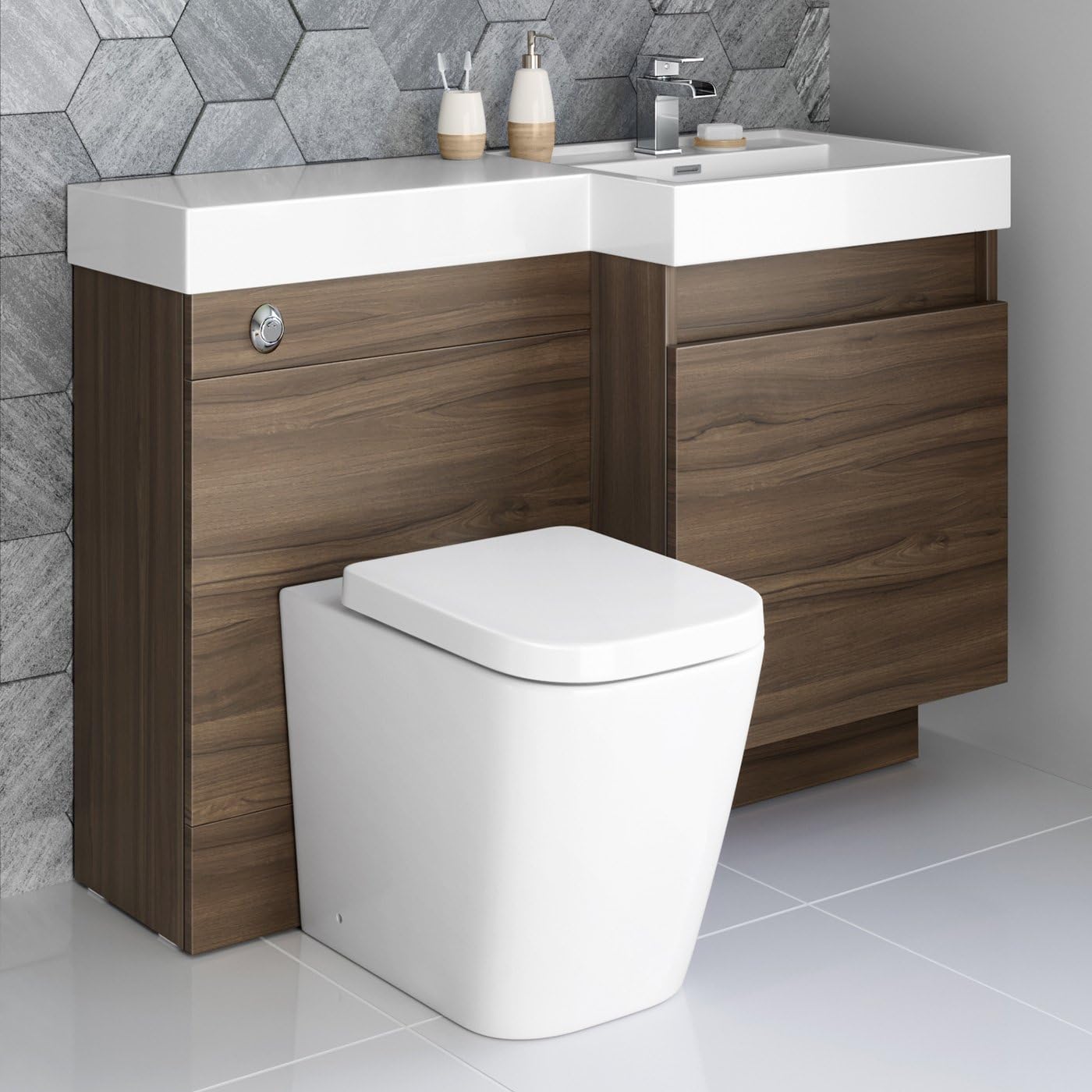 Combined Vanity Unit Bathroom Suite Concealed Cistern Toilet Sink WC Basin Pan Drawer Walnut