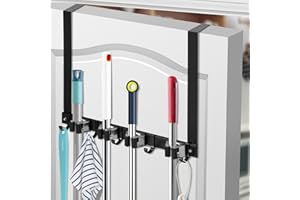 SLIIMU Over Door Broom and Mop Hanging Holder with Movable Sliding 4 Rack 5 Hook, Metal Mop and Broom Holder Wall Mount with 2 Over Door Hook, Door Mount Storage Organizer for Closet Garage Laundry Cabinet