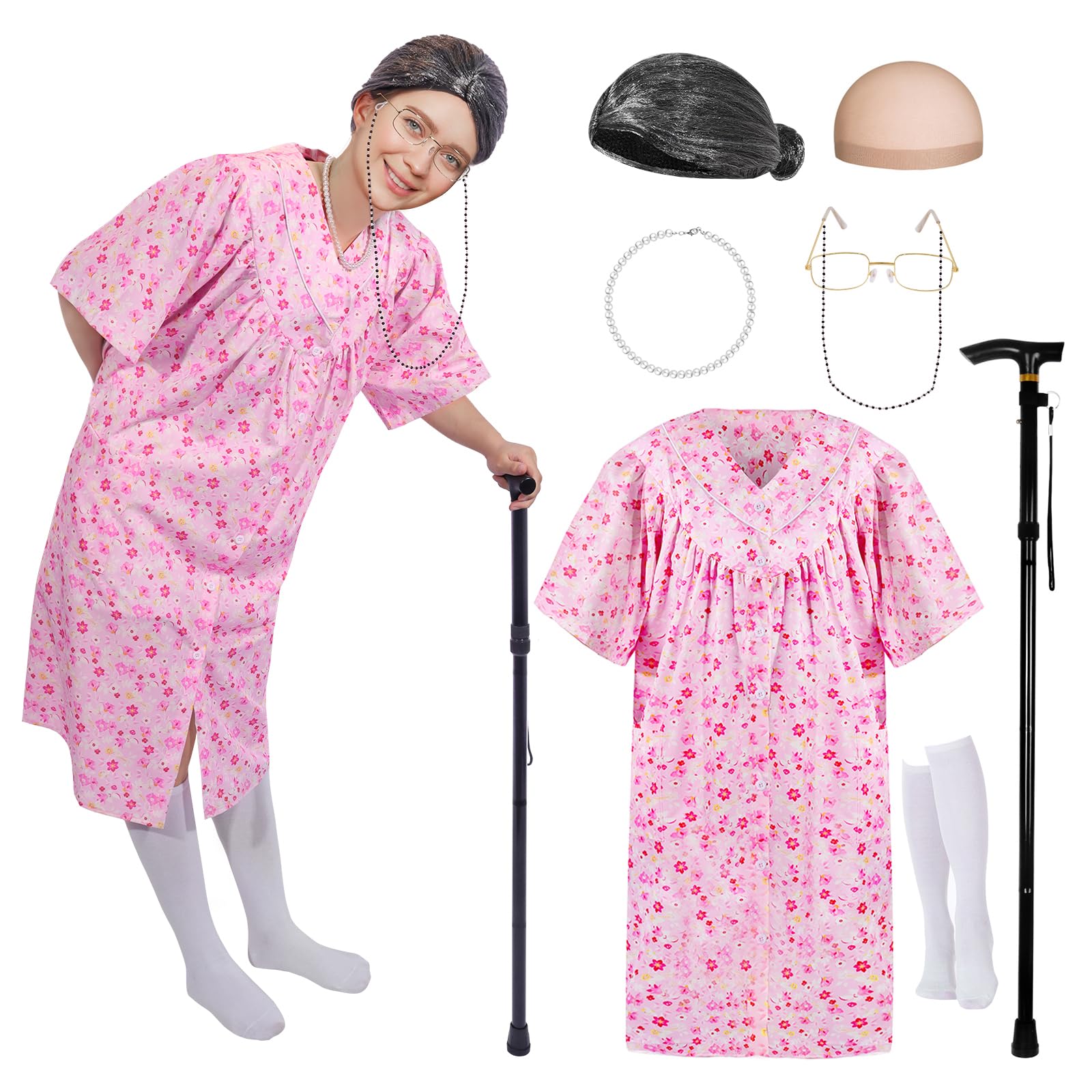 Photo 1 of Mprocen Womens Old Lady Costume Kit with Nightgown Wig Cane Halloween Granny Dress Outfit Kit Adults Cosplay Accessories Set