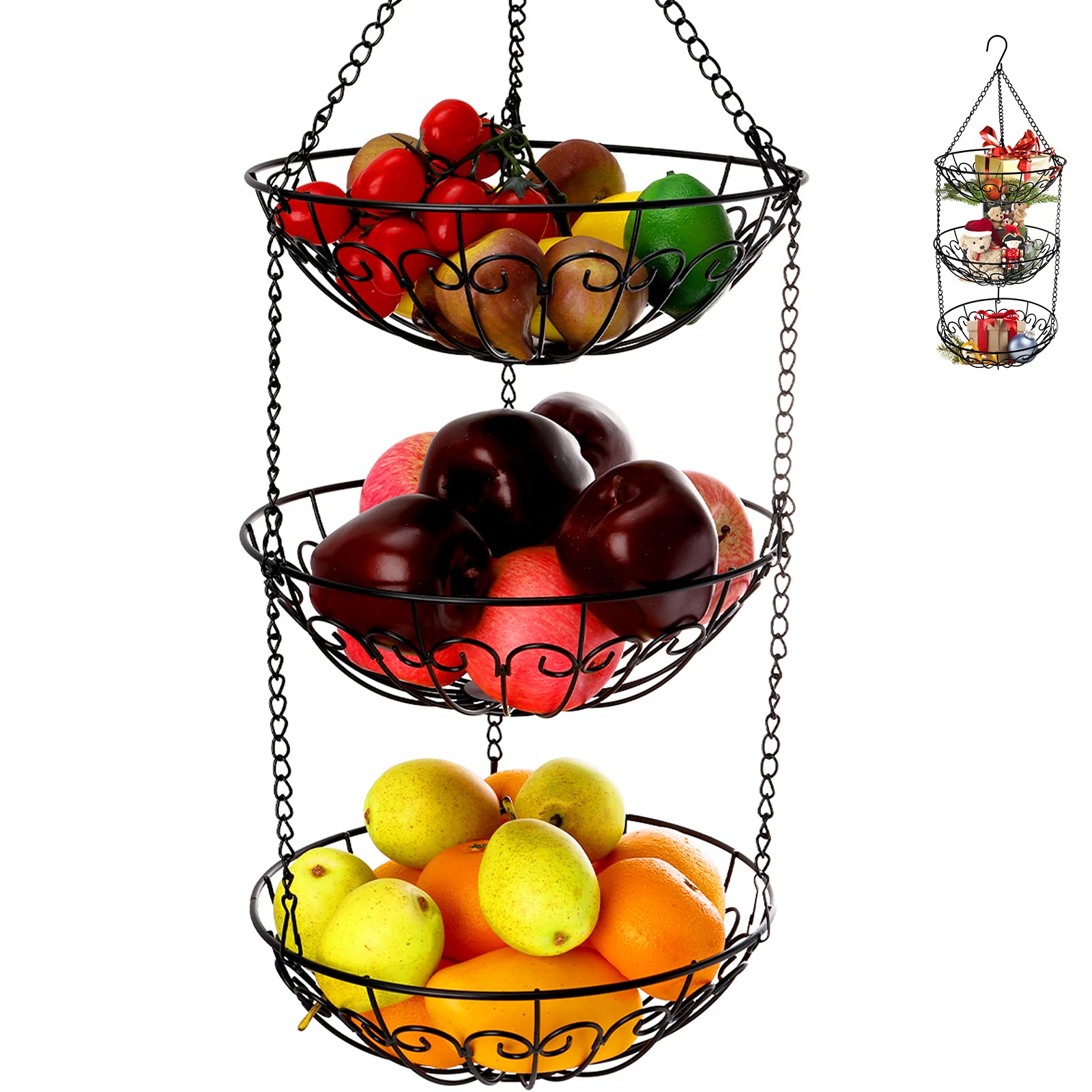 Photo 1 of Dicunoy 3-Tier Hanging Fruit Basket, Heavy Duty Wire Baskets for Kitchen, Rustic Hanging Veggie Rack, Metal Fruit Holder with Hook Storage for Potatoes, Onions, Oranges, Bananas, Limes, Lemons