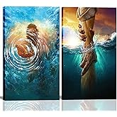 2 Pcs Framed Jesus wall art The Hand of God Jesus Reaching Into Water Christ Religion Canvas Wall Decor Blue Ocean Bible Pictures Posters Prints Paintings for Living Room Bedroom Church Decorations