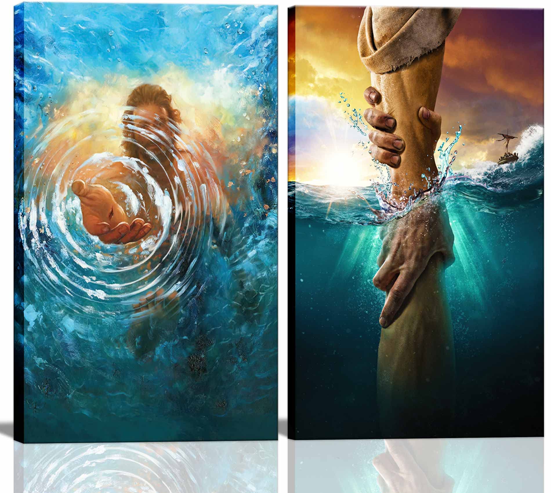 Photo 1 of 2 Pcs Framed Jesus wall art The Hand of God Jesus Reaching Into Water Christ Religion Canvas Wall Decor Blue Ocean Bible Pictures Posters Prints Paintings for Living Room Bedroom Church Decorations