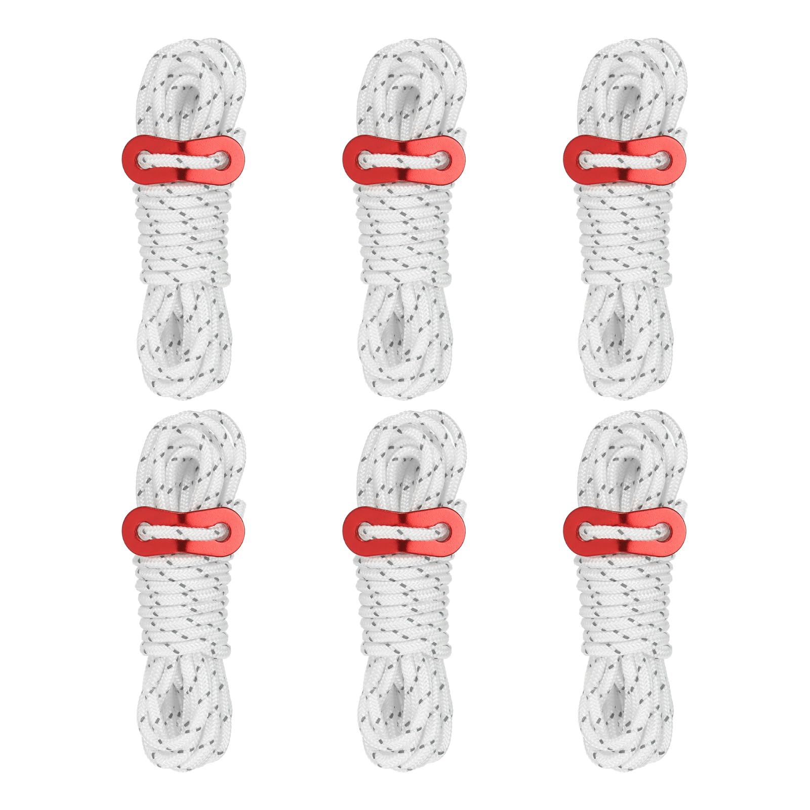 PATIKIL 4mm Tent Rope, 6 Pack 13ft Reflective Guyline Cord Tied Downs Rope Paracord Cord Camping Ropes with Red Aluminum Cord Adjusters for Camping Hiking Tent, White