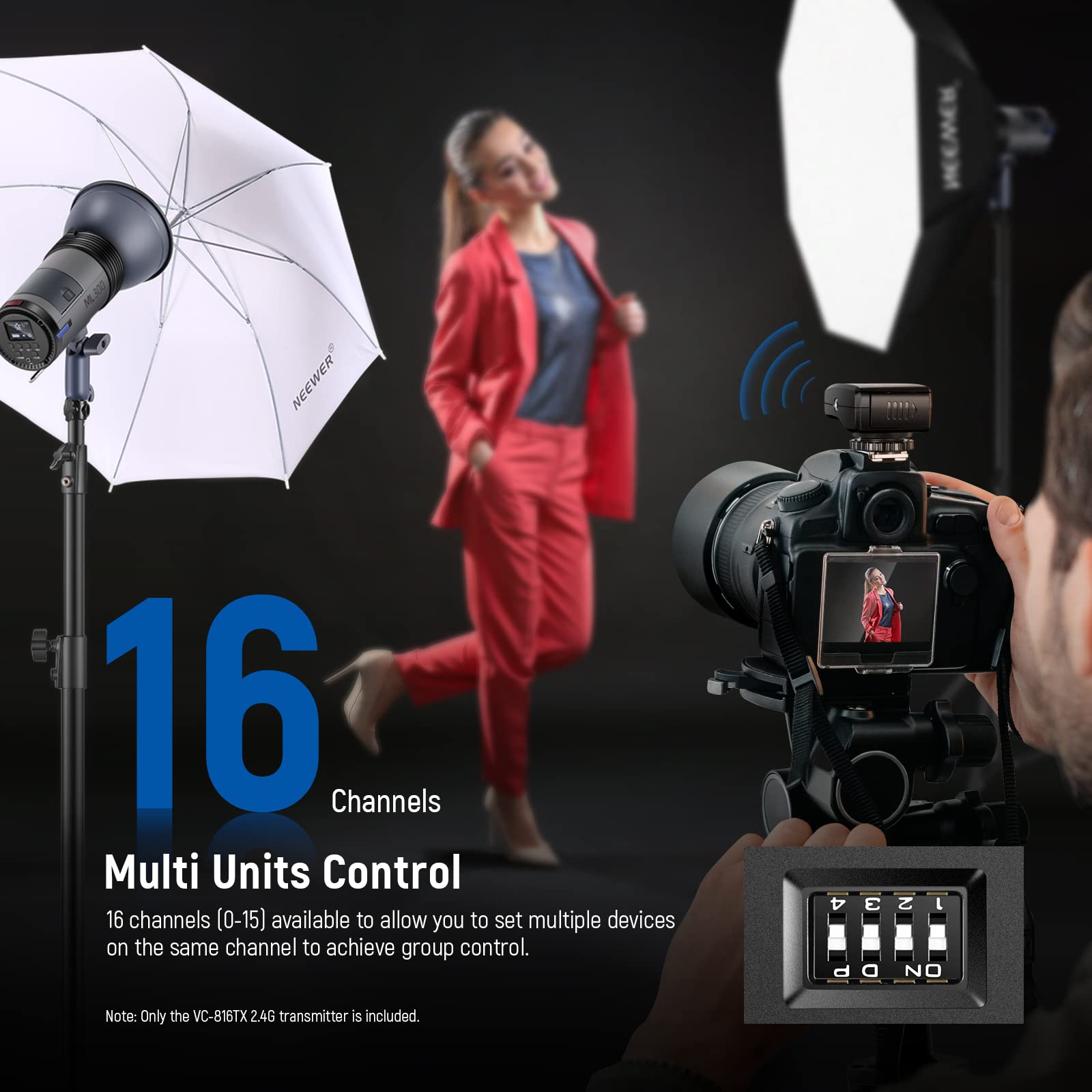 NEEWER 2.4G Remote Trigger, Wireless Transmitter with 16 Channels 49.2 ft/15m Transmission Distance Only for NEEWER Vision4, ML300 Studio Strobe (VC-816TX)