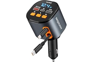 MQOUNY Retractable Car Charger,5 in 1 Fast Cars Phone Charger 90W,Bluetooth 5.3 FM Transmitter Adapter,Handsfree Call,2 Retractable Cables and USB Chargers for iPhone17/16 15/14/13