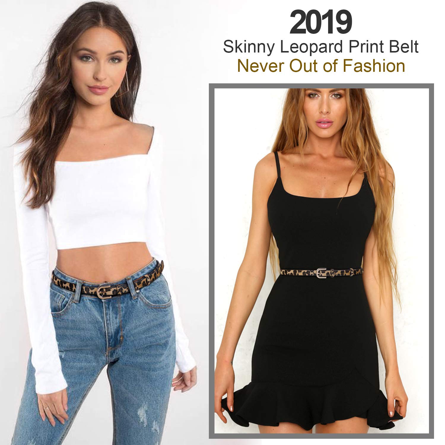 Women\'s Leopard Print Belt Ladies Skinny Belt for Dress Jeans Pants Waist Belt with Alloy Buckle By JASGOOD