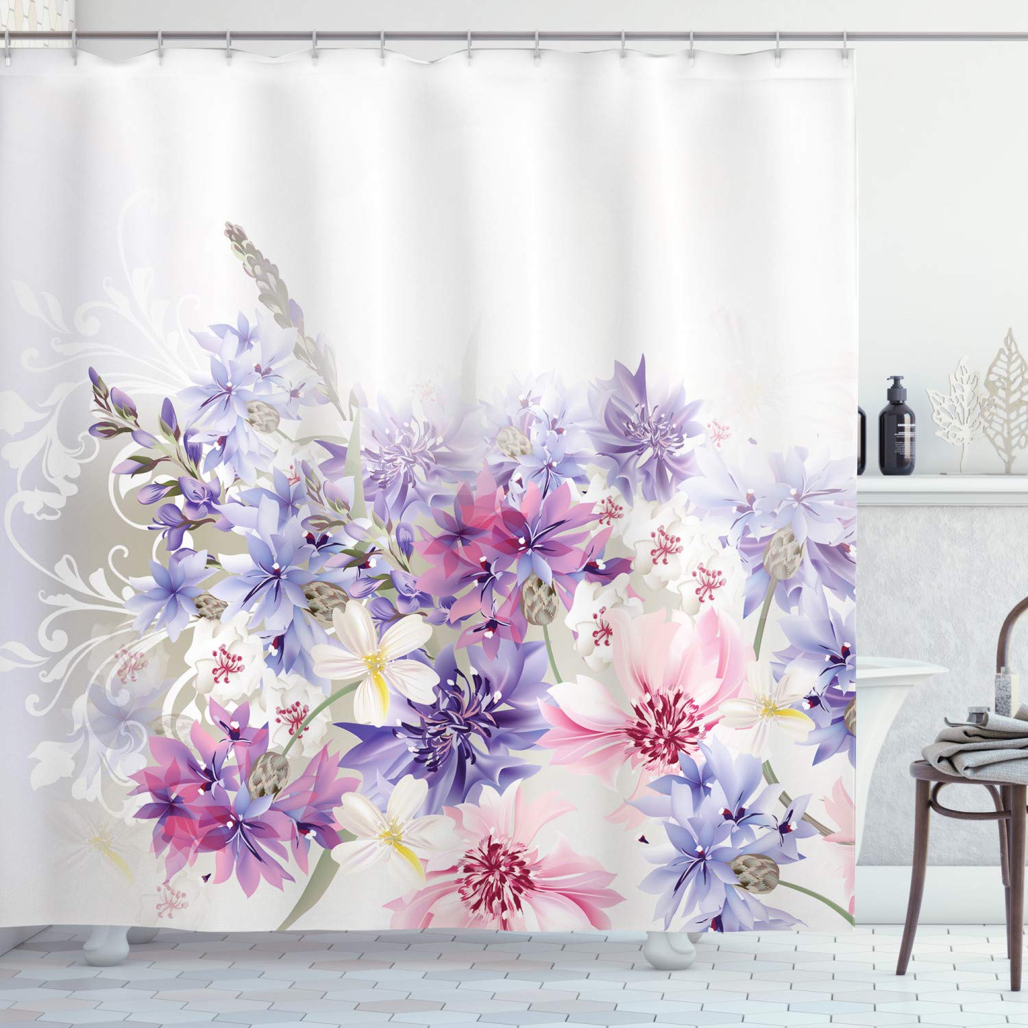 ABAKUHAUS Lavender Shower Curtain, Pastel Cornflowers Bridal Classic Design Gentle Floral Wedding Design Print, Cloth Fabric Bathroom Decor Set with Hooks, 94 Inches, Violet Pink White — image 1