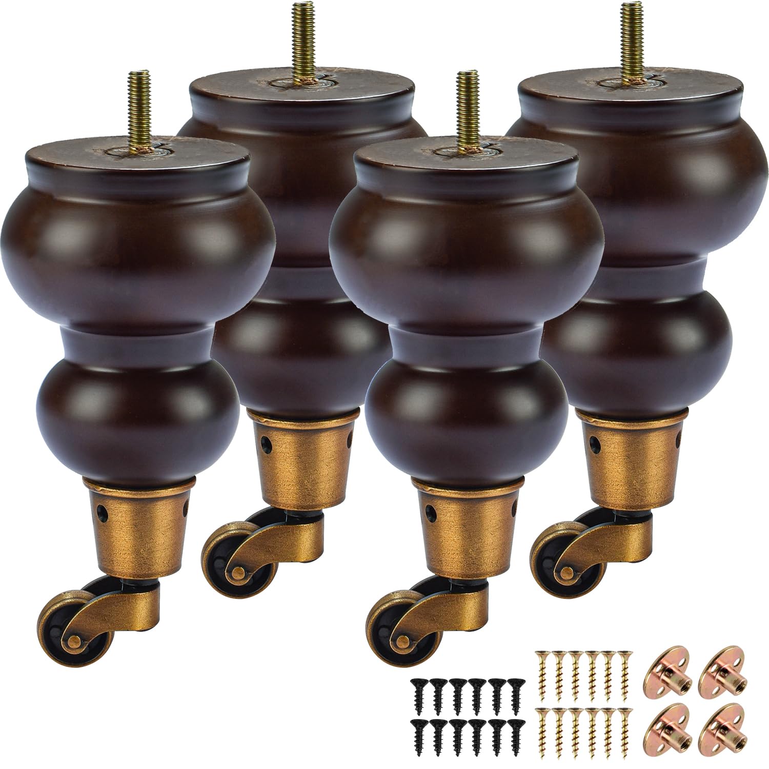 La Vane 7 inch Wooden Furniture Legs with Castor, 4PCS Soild Wood Walnut Turned Replacement Bun Feet with Pre-Drilled M8 Inch Bolt & Mounting Plate for Armchair Ottoman Recliner Chair Footstool