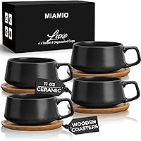 MIAMIO – 320 ml., Set of 4 Ceramic Tea Cup and Saucer Bamboo/Tea Mug - Wide Cappuccino Cup, Coffee Cups Ceramic Mug for Cappu