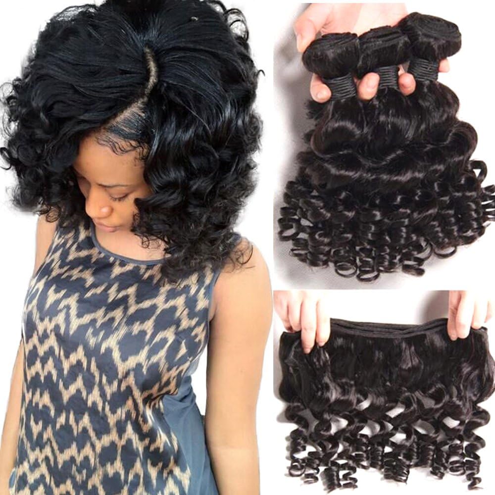 Aliglossy 8A Brazilian Virgin Hair Funmi Hair 4 Bundles Short Bob Hairstyles Human Hair Weave Romance Bouncy Curl Hair Extension 100g/PC(10 12 14 14)