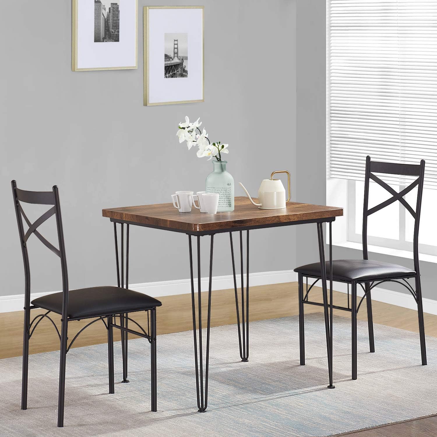 VECELO Dining Set Industrial Style 3 Pieces Kitchen Wood Table 2 Chairs with Metal Legs，Retro Brown and Black - Table & Chair Sets