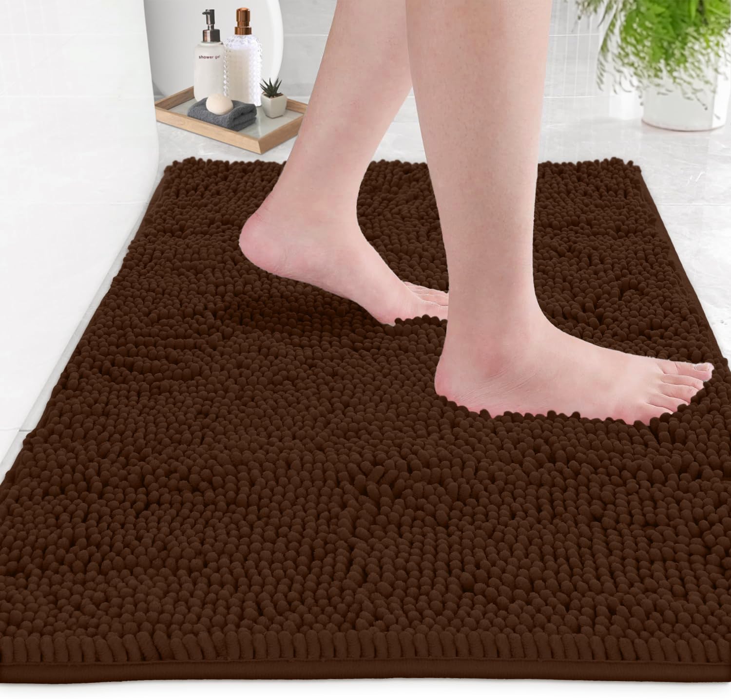LuxUrux Bath Mat-Extra-Soft Plush Bath Shower Bathroom Rug, 1'' Chenille Microfiber Material, Super Absorbent Shaggy Bath Rug (Brown, 50 x 80 cm)