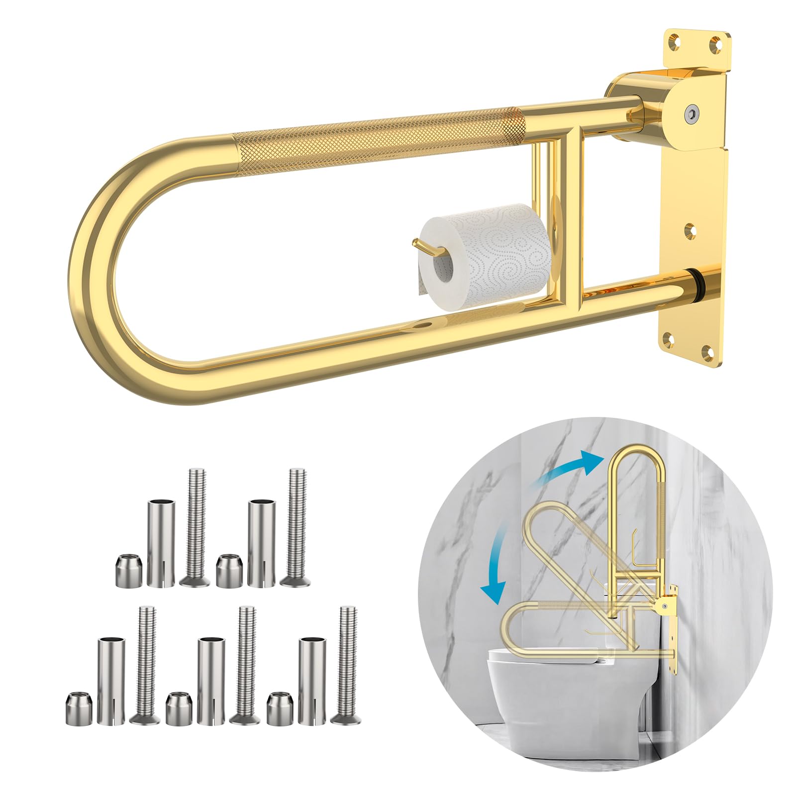 Photo 1 of Toilet Grab Bar 22.4 Inch Gold, Munzong Anti-Slip Handicap Grab Bars with Paper Holder, Flip-Up Bathroom Safety Rails, Stainless Steel Knurled Support handrails for Seniors Elderly Disabled Pregnant