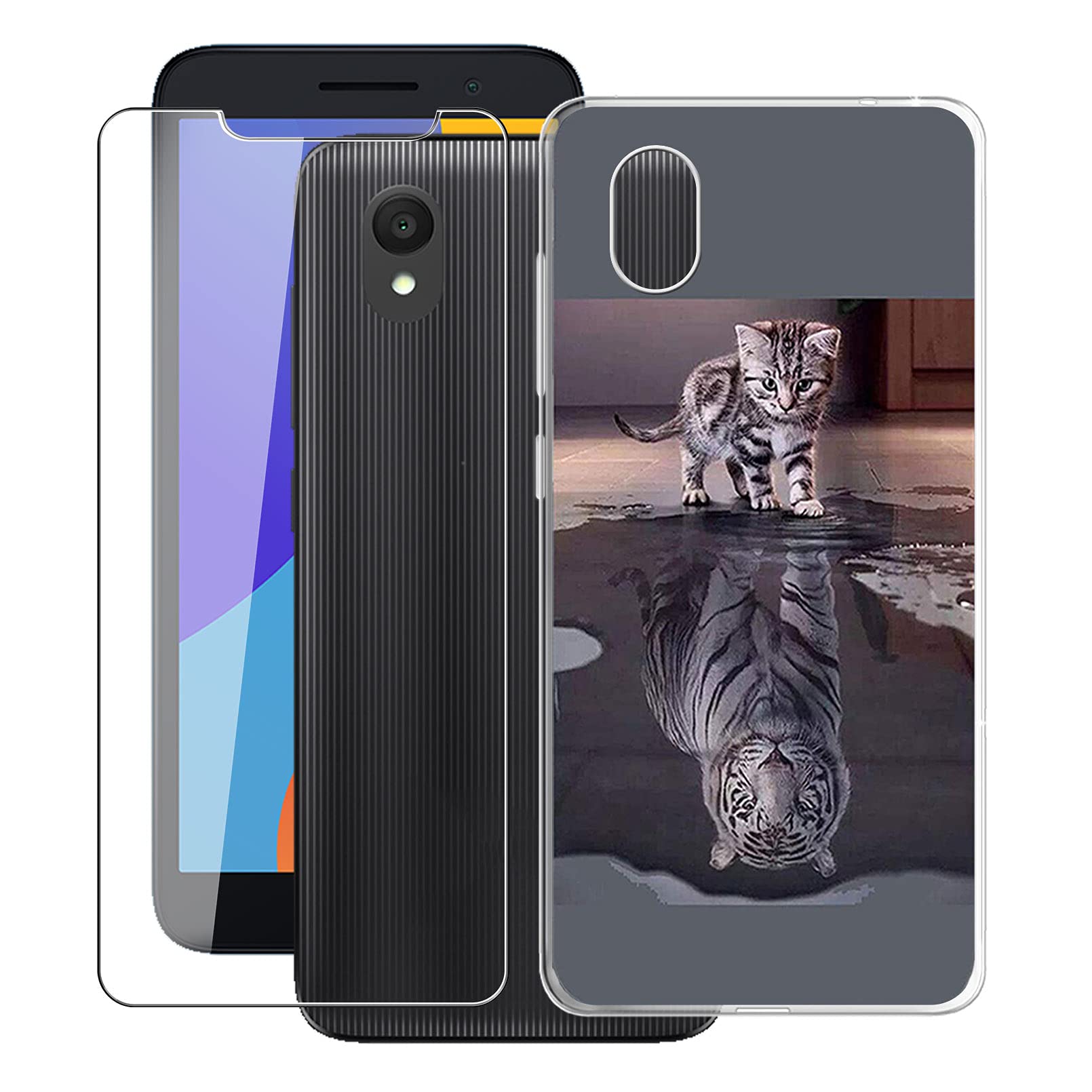 KJYF Protective Case Transparent Bumper TPU Cover + Screen Protector for Alcatel 1 2021 (5.00 Inch), Film Tempered Glass Film + Silicone Shell Mobile Phone Case - Cat and Tiger