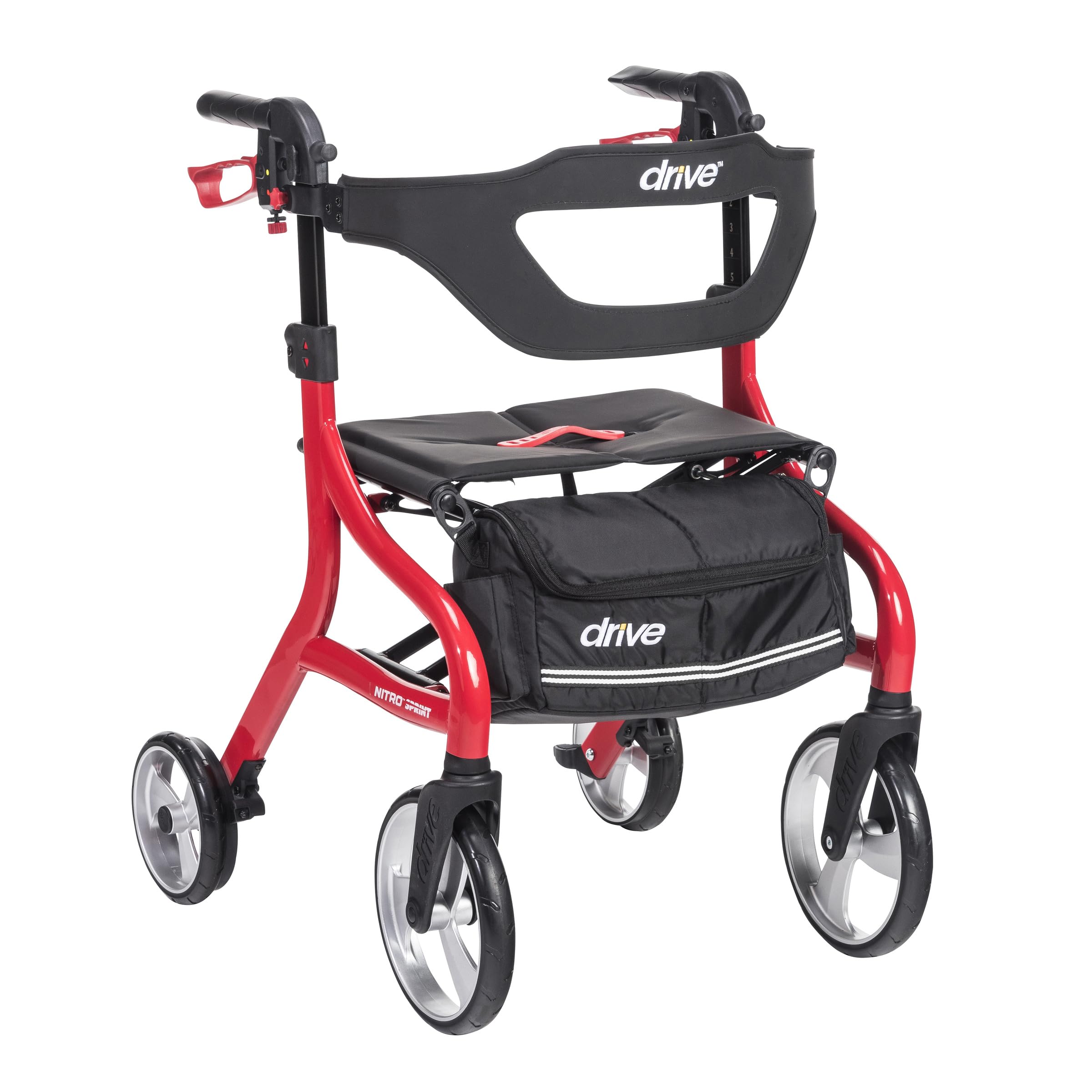 Photo 1 of ***MISSING BAG***
Drive Medical Nitro Sprint Foldable Rollator Walker with Seat - Lightweight Support - Large Wheels - Compact Folding Design - Adjustable Comfort - Standard Size - Red