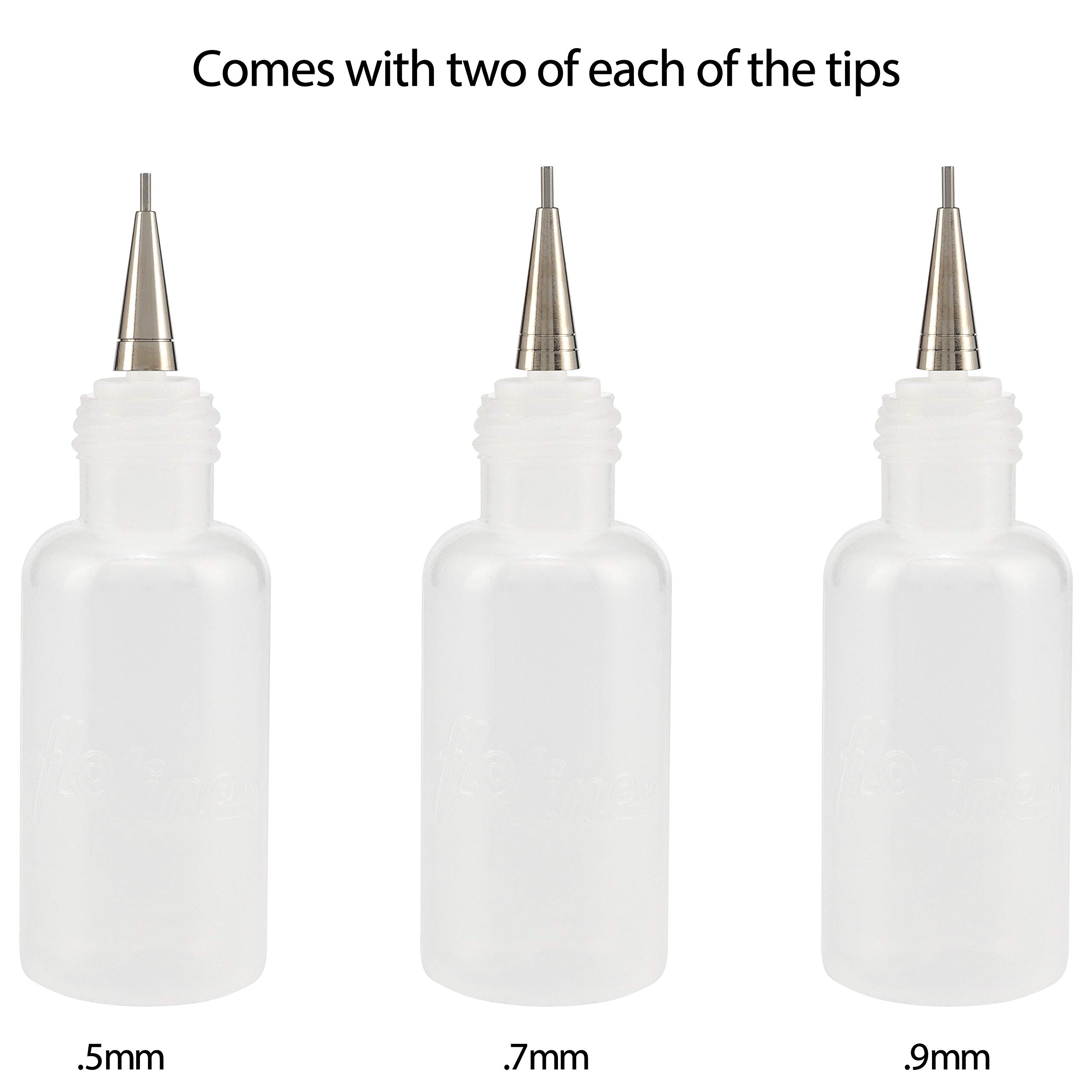Flo Line Precision Tip Applicator Bottle - Fine Tip Squeeze Bottles for Fluid Media, Inks, Acrylics, Watercolor, Quilling, Paint Bottles with Tip Pack of 6 - 0.5oz bottles w/ 0.5, 0.7, 0.9 Metal Tips