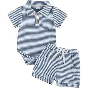 Kavousa Newborn Baby Boy Summer Clothes Short Sleeve Top and Stripe Shorts Set 2 Piece Baby Boy Summer Waffle Outfit