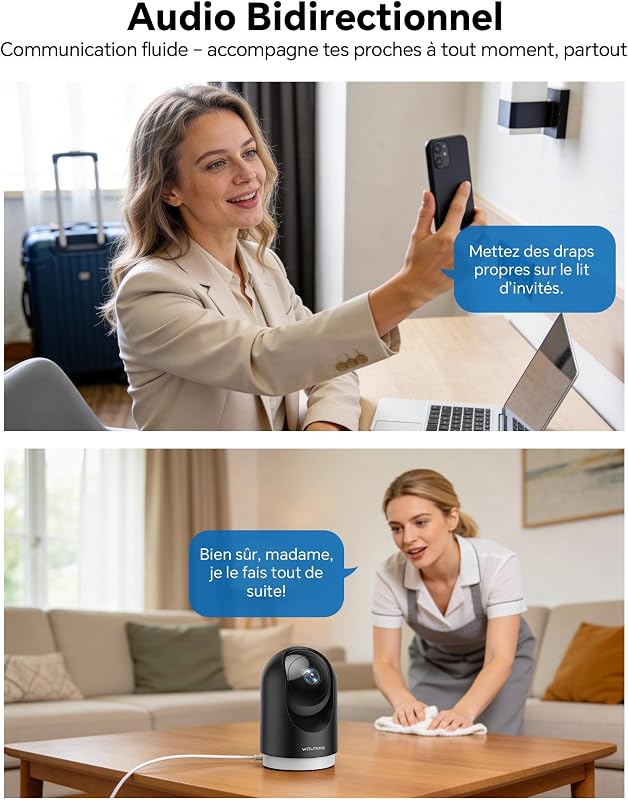 Camera Interieur 2K WiFi, Caméra Intérieure 360° PTZ avec Suivi Automatique, Vision Nocturne & Audio Bidirectionnel, Babyphone avec Caméra, Compatible Alexa & Google Home