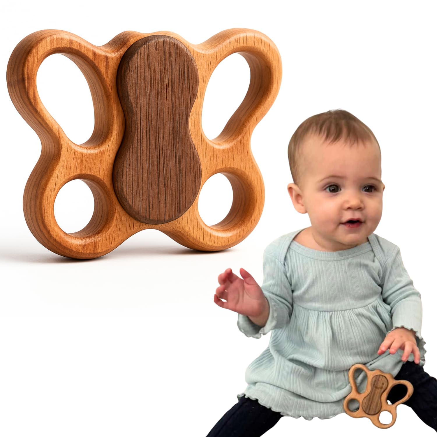 HippoToys Handmade Montessori Wooden Baby Rattle, Natural Wooden Sensory & Teething Toy for 0–6 and 6–12 Months, Newborn Gift for Baby Boys and Girls