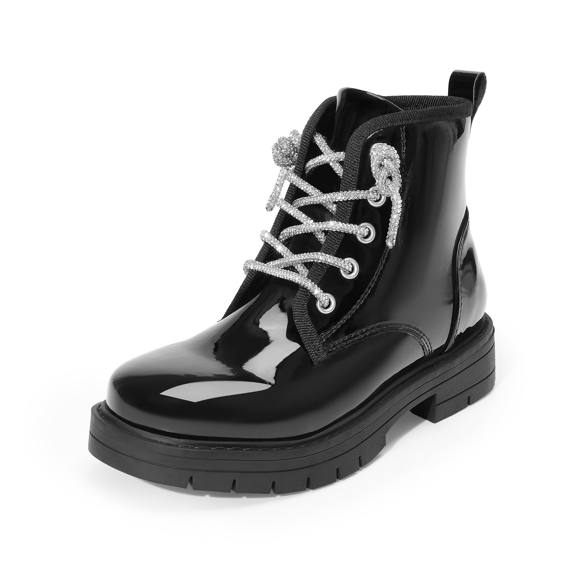 DREAM PAIRS Girls Boys Glitter Ankle Boots Side Zipper Combat Shoes with Lace Up for Toddler/Little Kid/Big Kid,Size 12 Little Kid,Black-Pat,SDBO2220K Image