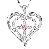 RIVIKO 925 Sterling Silver Cross Birthstone Necklace for Women,Love Heart Pendant Necklaces Trendy,Valentines Day Gifts for Her,Anniversary Jewelry Birthday Gifts for Women Wife Mother Friend
