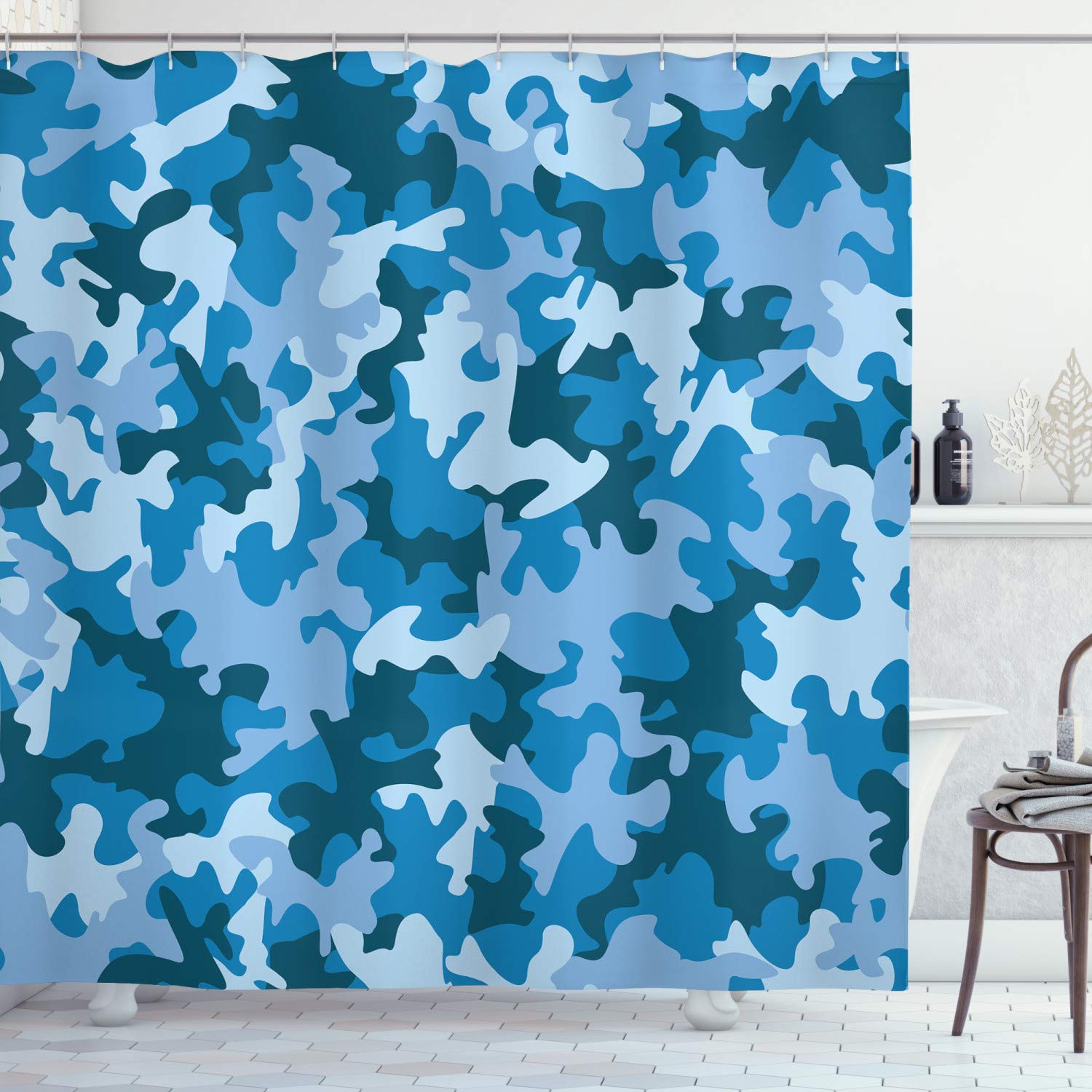 ABAKUHAUS Camo Shower Curtain, Colorful Composition with Abstract Shapes in Sky Color Shades Dark Motifs, Cloth Fabric Bathroom Decor Set with Hooks, 78" Inches, Blue and Light blue