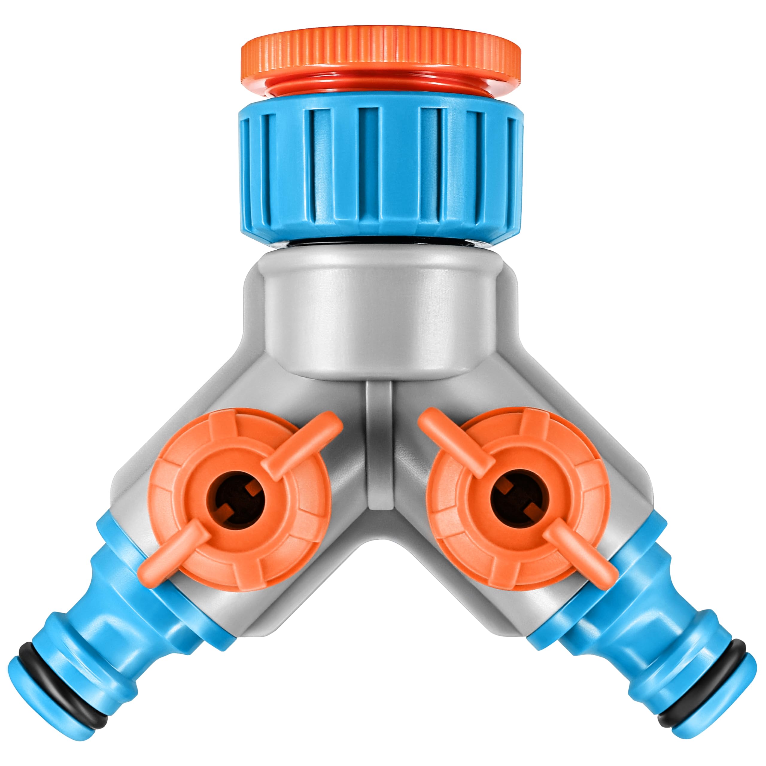 GRÜNTEK Garden Hose Splitter, 2-Way Y Valve with 3/4" & 1" Tap Connector, Outdoor Water Tap Distributor, Silver/Orange/Blue