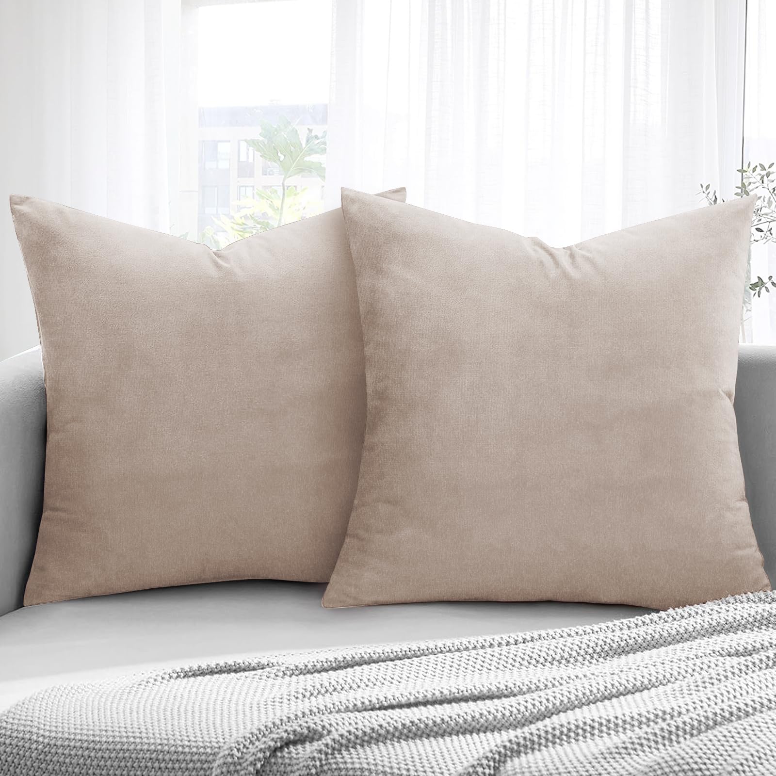 Aspire Homeware Velvet Cushion Covers 45 x 45cm Set of 2 Beige Decorative Square Throw Pillow Cases for Sofa Bedroom Living Room and Sofa