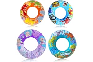 JOMI & JOLLY 4 Pack Inflatable Pool Floats, 36" & 24" Pool Tubes for All Ages, Unique Dino, Mermaid, Pirate Inner Tube Floaties for Swimming, Swim Ring and Pool Party Toys for Kids 3-5 4-8 8-12, Teens, Adults