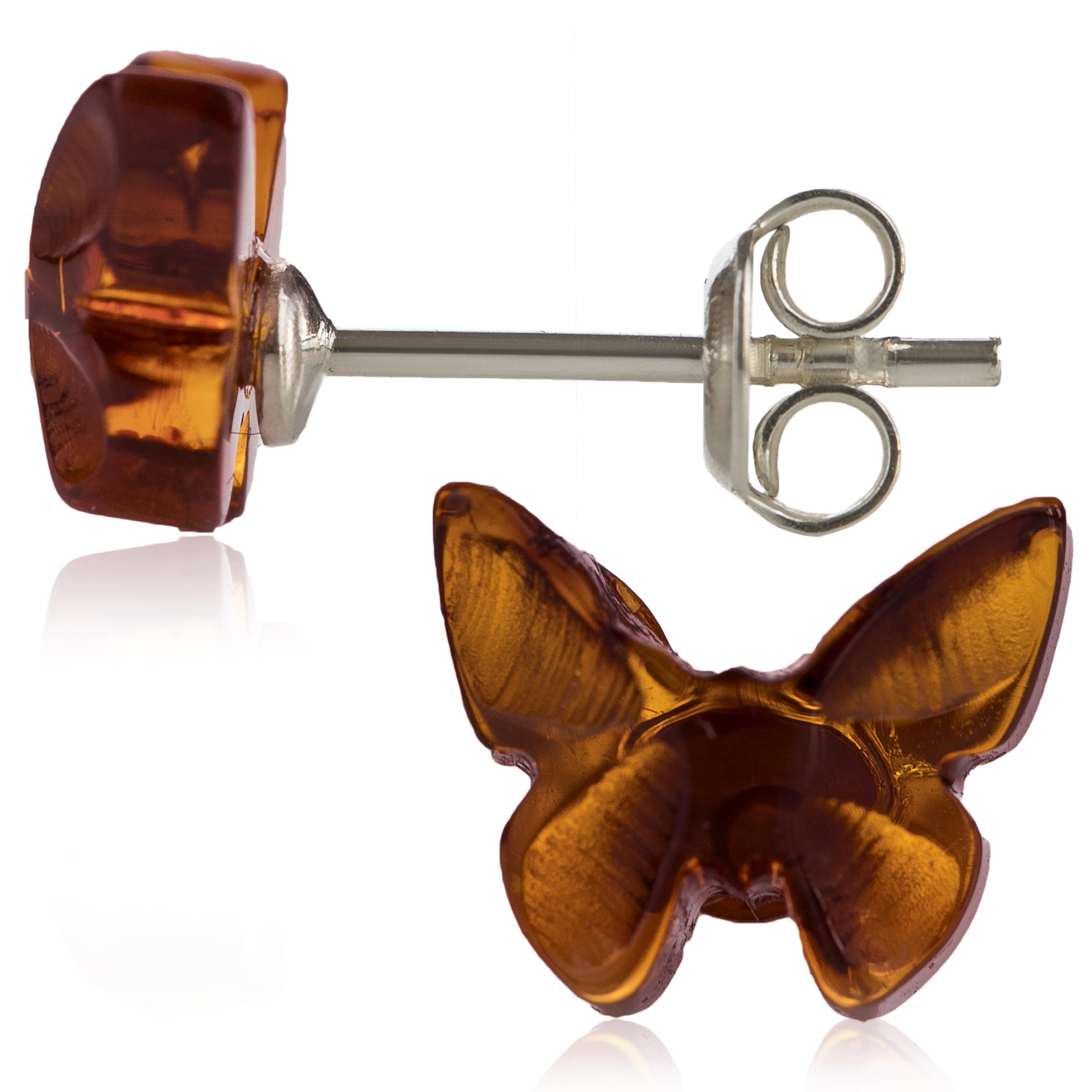 Amber Culture Amber Stud Butterfly Earrings - Hypoallergenic 925 Sterling Silver in a Luxury Gift Box- Carved from Baltic Natural Resin (Cognac)