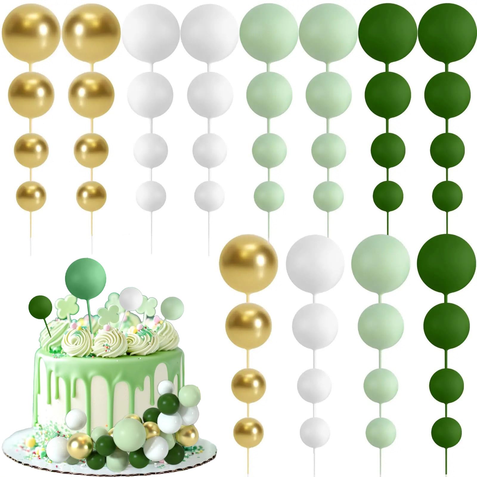 48 Pcs Ball Cake Toppers, Cake Balls Decoration Foam Balloon Cakes Topper Mini Cake Topper Balls for Birthday Party Wedding Decorating (Green, White, Gold)
