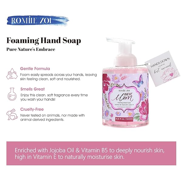 ROMIIE ZOI FOAMING HAND SOAP FOR MOTHER’S DAY GIFT BASKET – SHABBY FLORAL DESIGN, INFUSED WITH ROSE SCENTED AROMA – 500 ML / 16.8 FL OZ