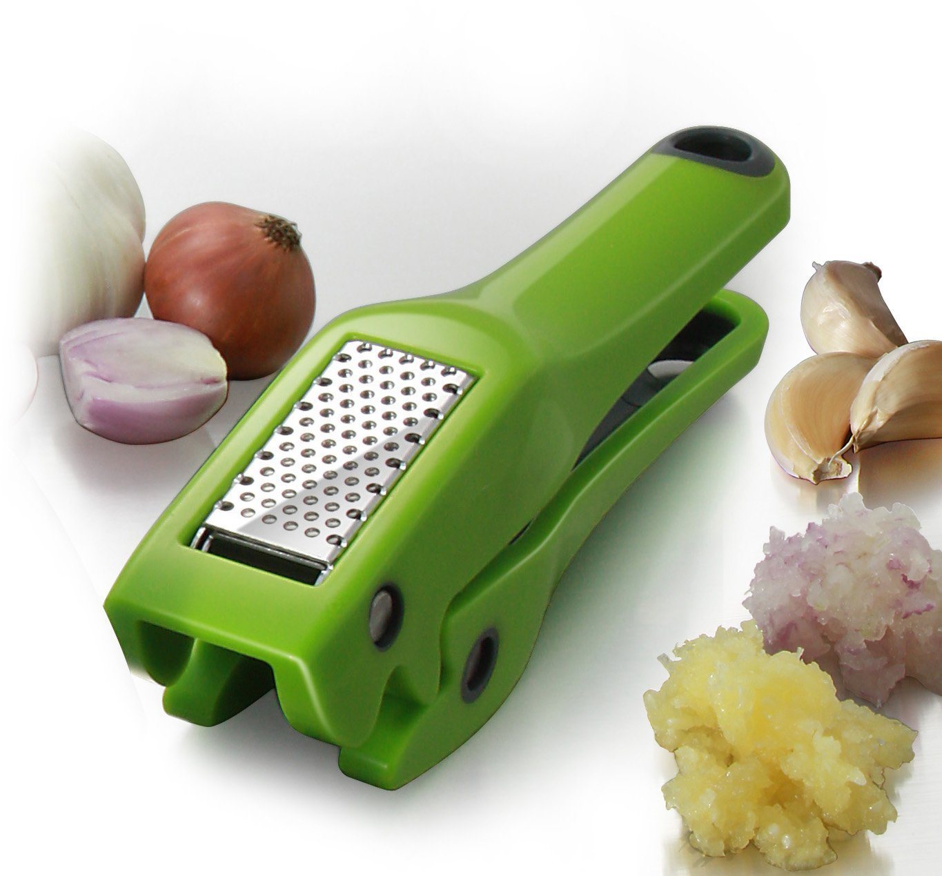 Simposh Garlic Press - Green Mincer/Crusher/Peeler. Easy To Use & Clean Removable Stainless Steel Press Plate. Efficient-No Need To Peel Garlic. Less Effort-Patented Easy Squeeze Mechanism. Ergonomic