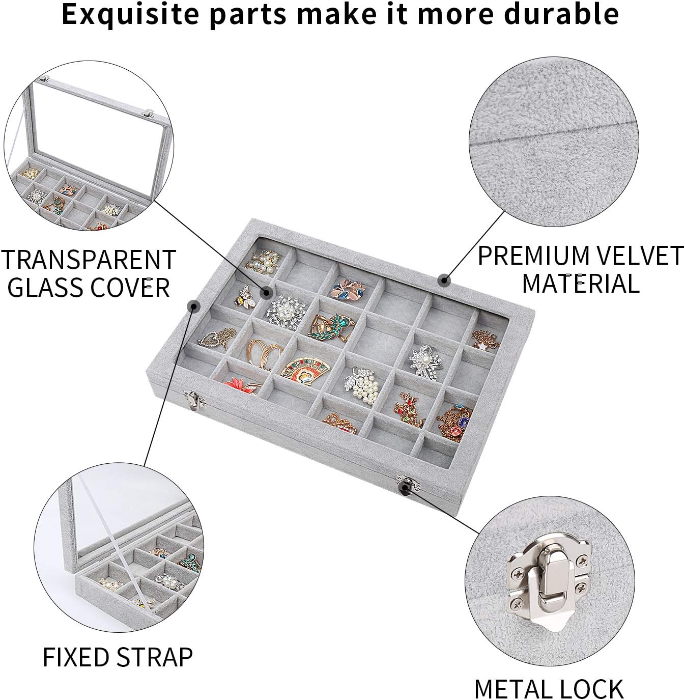 STYLIFING Clear Lid Velvet 24 Grid Jewelry Tray Transparent Jewelry Display Showcase Lockable Felt Jewelry Storage Organizer Charm Box Holder Gifts for Girls Women: Home & Kitchen