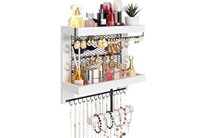 Pinzoveco Hanging Jewelry Organizer Wall Mounted With Wall Jewelry Organizer Holder For Necklaces Bracelet Earrings Ring (White)