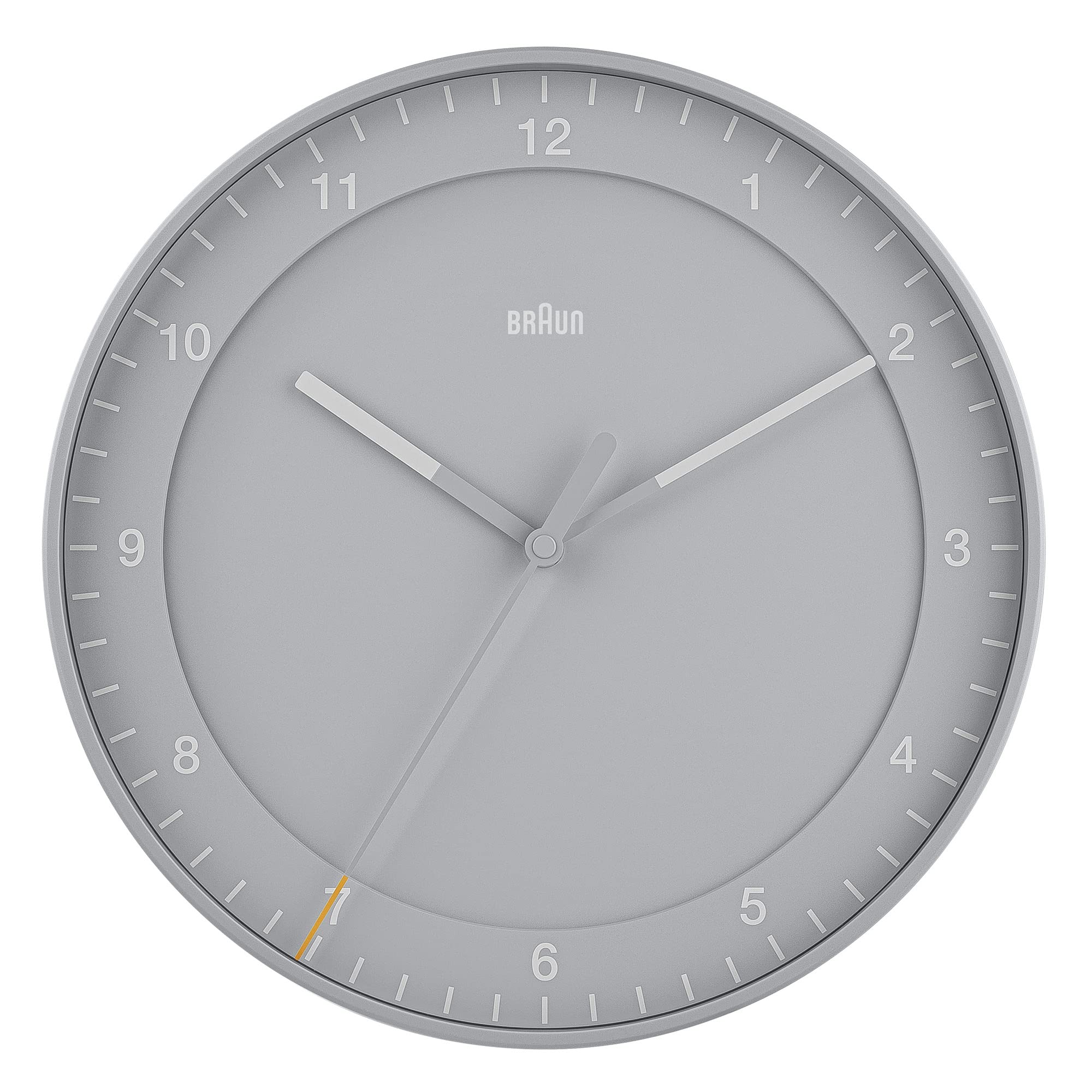 Braun Classic Large Analogue Wall Clock with Silent Sweep Movement, Easy To Read, 30cm Diameter in Grey, model BC17G.