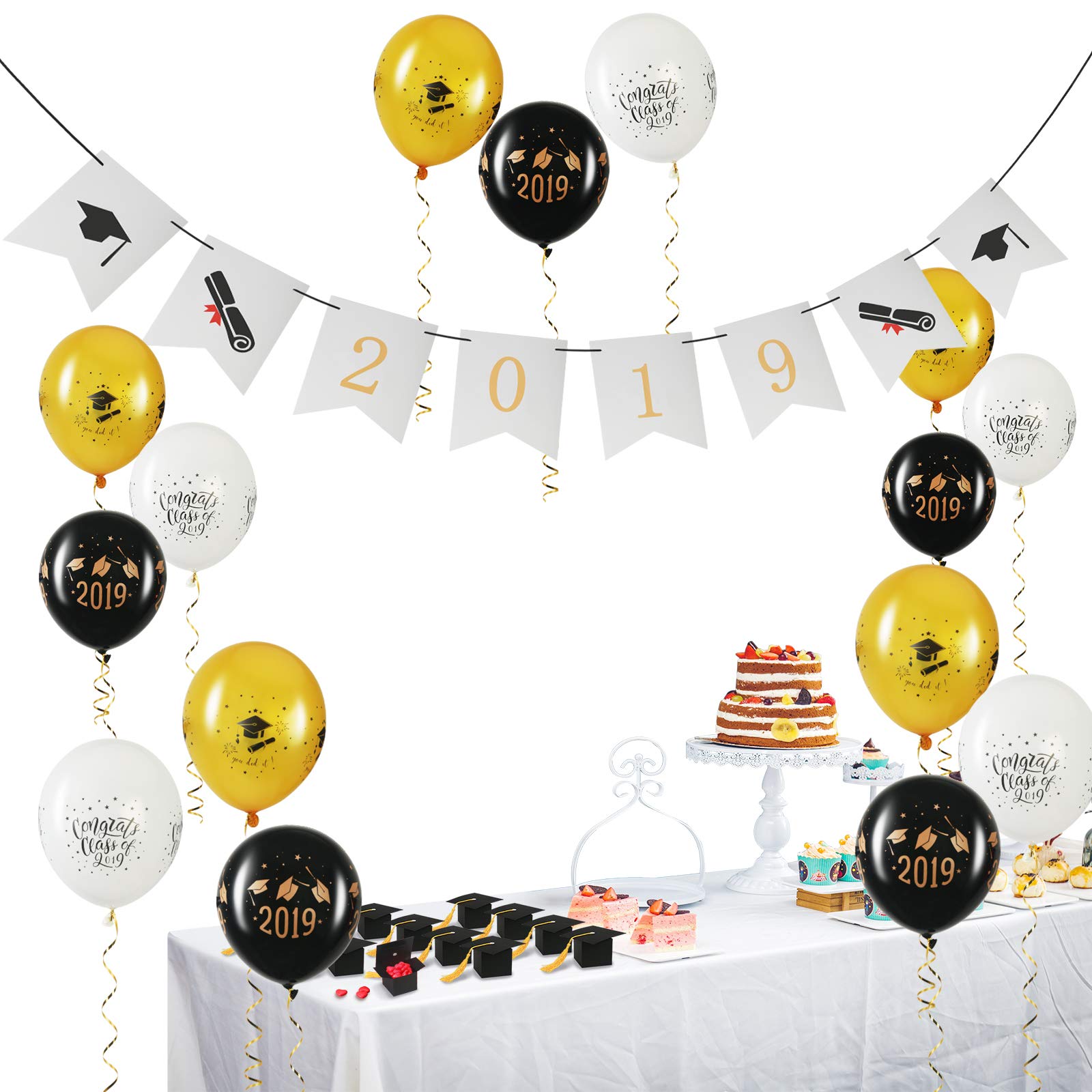 2019 Graduation Banner KATOOM Graduate Celebration Bunting Garland Grad Pennant Flags with 15 Pcs Latex Balloons for Graduation Party Decor Photo Props